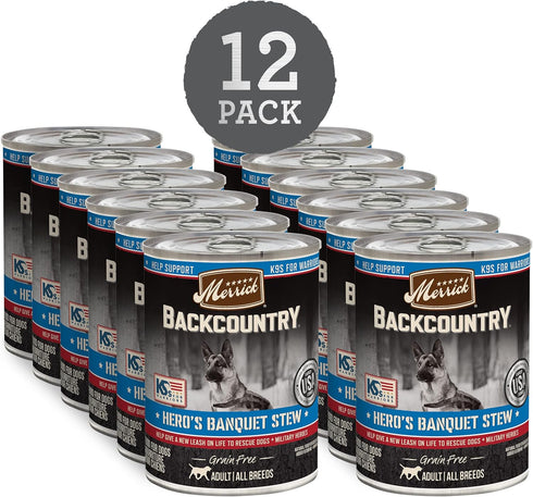 Backcountry (Pack 12) 12.7 oz. Merrick Grain Free Premium Canned Wet Dog Food, Soft And Healthy Heros Banquet Stew