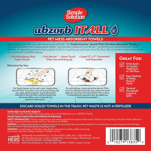 Simple Solution Abzorbitall Pet Mess Absorbent Towels - 30 Towels, Multi-Surface Urine & Dog Poop Cleaning Sheets