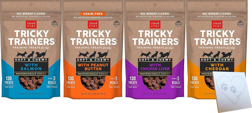 Cloud Star Tricky Trainers Grain-Free Variety Pack – Four Flavors: Peanut Butter, Liver, Cheese, Salmon (5oz Each, 20oz