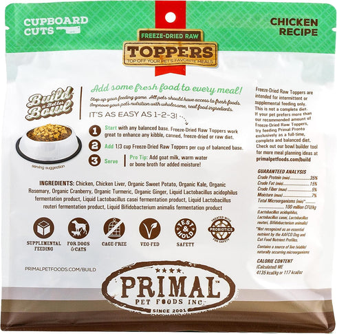 Primal Freeze Dried Raw Dog & Cat Food Topper, Cupboard Cuts, Grain Free Meal Mixers with Probiotics, Chicken, 18 oz