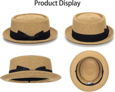 Pork Pie Hat for Men/Women, Classic Straw Boater Derby Sun Hats with Grosgrain Band