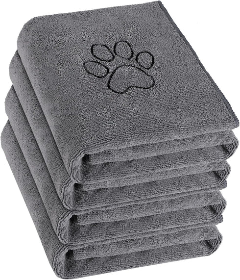 Chumia 4 Pack Dog Towels for Drying, Large Microfiber Grooming Towels with Embroidered Paw for Bathing (Gray, 16 x 32