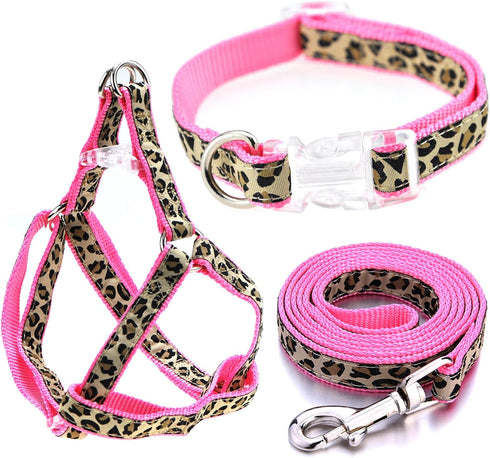 Mile High Life Leopard Dog Harness Collar Leash Set - Adjustable No Pull Halter for Small Breed Dogs (Pink, S)