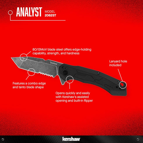 Kershaw Analyst Tanto Pocket Knife, 3.25" 8Cr13MoV Steel Blade, Liner Lock EDC Folder