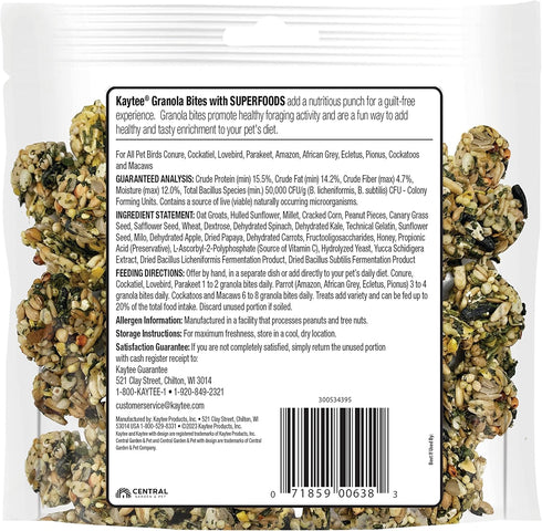 Kaytee Granola Bites with Super Foods Spinach and Kale for Pet Birds, Conure, Cockatiel, Lovebird, Parakeet, Amazon, African Grey, Ecletus, Pionus, Cockatoos and Macaws, 4.50 Ounce (Pack of 1)