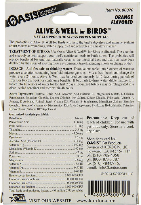 Oasis #80070 1 Count (Pack 1) Alive and Well, Stress Preventative & Pro-Biotic Tablets for Birds, white
