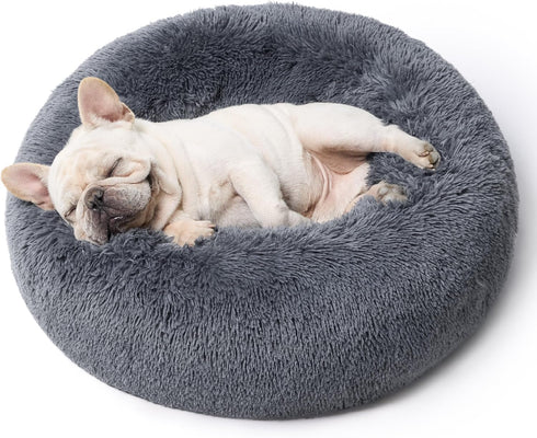 Bedsure Calming Dog Bed for Medium Dogs, 30 inches, Washable Round Fluffy Plush Faux Fur Cat Bed, Dark Grey