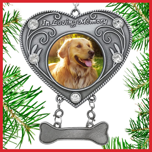 Dog Sympathy Photo Christmas Ornament, Heart Shaped, Holds 1 3/4" Photo, Gift-Storage Bag Included