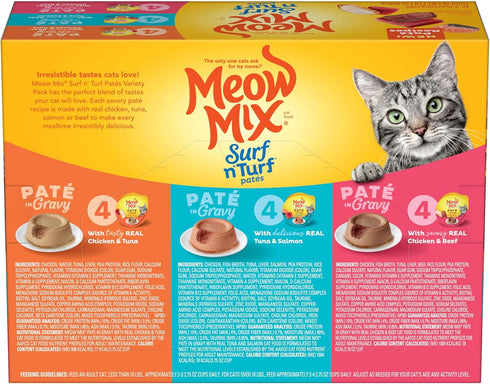 Meow Mix Paté in Gravy Wet Cat Food Variety Pack, Surf n’ Turf Patés 2.75 Ounce (Pack of 12)