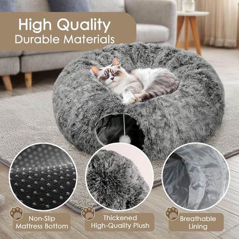 Cat Tunnel Bed for Indoor Cats, Peekaboo Cat Cave with Washable Soft Play Mat, Furry Cat Tube, for Kitten/Puppy/Rabbit