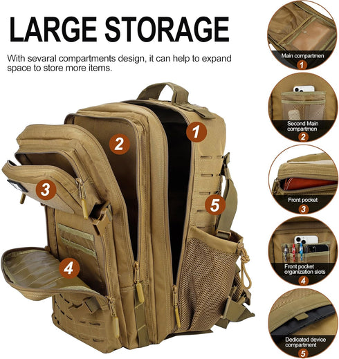 LHI Tactical Military Backpack, 45L Large Molle Army Assault Pack, 3 Day Travel Backpack for Men and Women