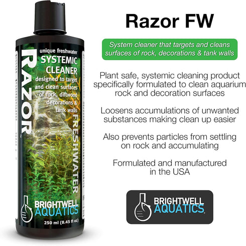 Brightwell Aquatics Razor Freshwater - System Cleaner That Targets & Cleans Surfaces of Rock, Decorations and Tank Walls, 250 ml