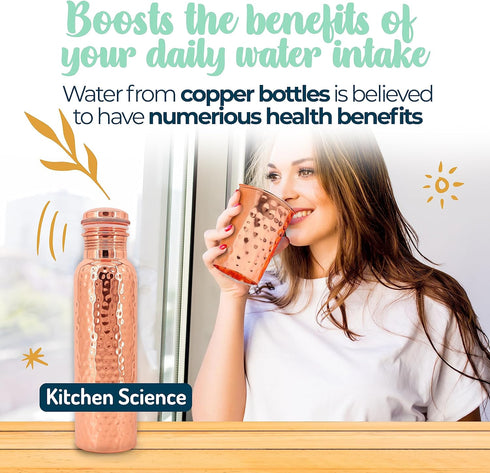 Pure Copper Water Bottle (34oz/1000 ml) with Copper Tumbler, Carrying Bag & Deco Sleeve, Lab-Tested, Leak-Proof