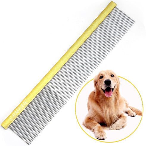 10in Large Dog Grooming Comb for Shedding, Metal Comb with Long Wide Tooth for Poodles and Goldendoodles, Gold