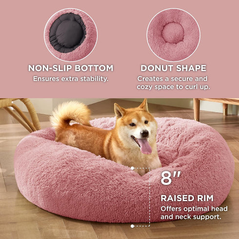Bedsure Calming Dog Bed for Medium Dogs - Anti-Slip Round Fluffy Plush Bed, 30 inches, Fits up to 45 lbs Pets, Mauve