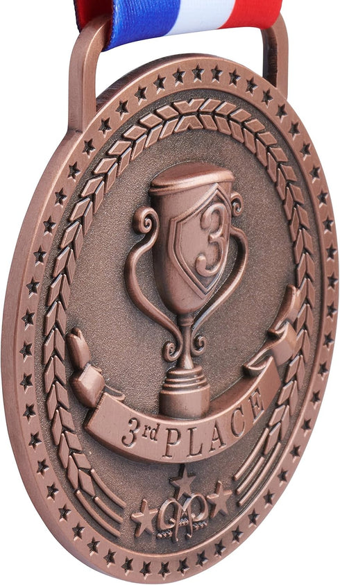 Gold Silver Bronze Medals for 1st 2nd 3rd Place Trophy Awards, Bright or Antique Finish with Attached Ribbon