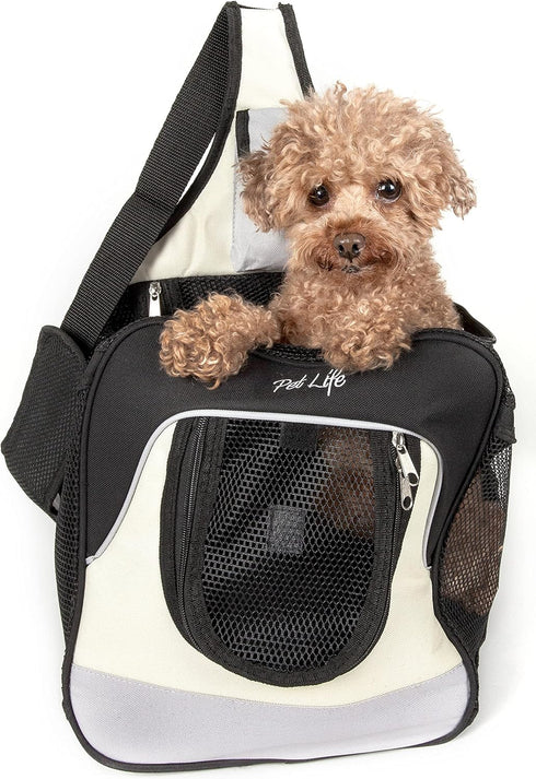 Pet Life Dog Carrier - Single Strap Over-The-Shoulder Backpack, Water-Resistant with Built-in Bottle Holder and Pouch