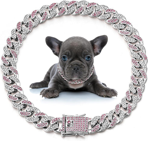 LEIFIDE Dog Chain Collar Diamond Link Necklace for Small Medium Large Dogs Cats (Silver, Pink White, 12 Inch)