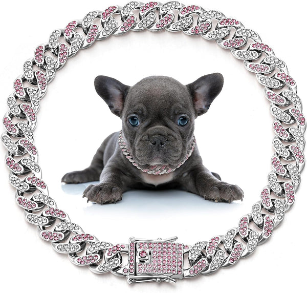LEIFIDE Dog Chain Collar Diamond Link Necklace for Small Medium Large Dogs Cats (Silver, Pink White, 12 Inch)
