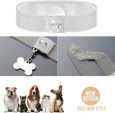 Dog Chain Collar Necklace 18K White Gold Plated Stainless Steel with Bling CZ Design Secure Buckle (30MM, Silver, 20")
