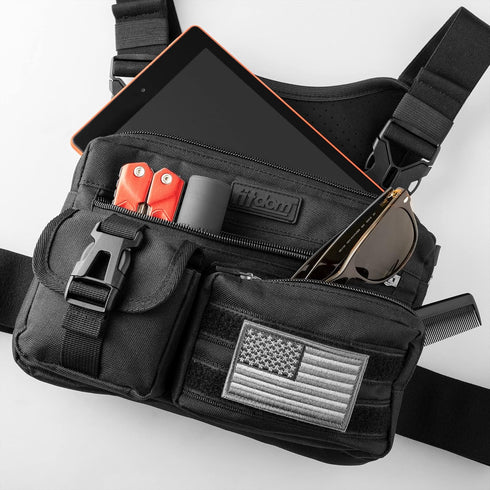 Fitdom Tactical Inspired Sports Utility Chest Pack - EDC Rig Pouch Vest with Built-In Phone Holder for Workouts