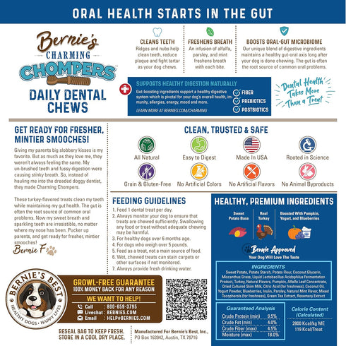 Bernie's Charming Chompers - Daily Dental Chews for Dogs 26-50 Lbs. - 36 Count - Cleans Teeth & Freshens Breath