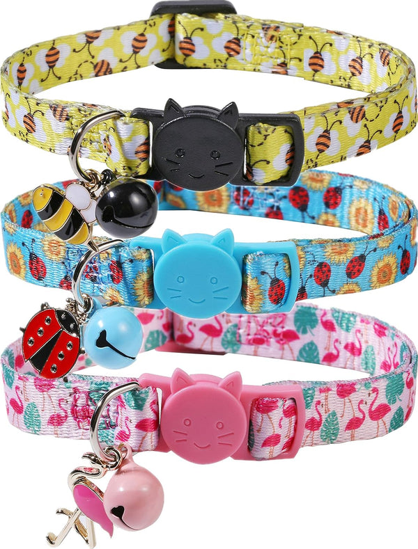 BoomBone Cat Collar Breakaway with Bell, Cute Animal Pendants, 3 Pack Bee Flamingo Beetle Spring Kitten Collar