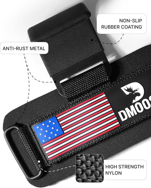DMoose Fitness Weight Lifting Hooks (Pair) for Deadlifts, Pull Ups, Rows & Shrugs - Anti-Rip Nylon Strap Hand Grips
