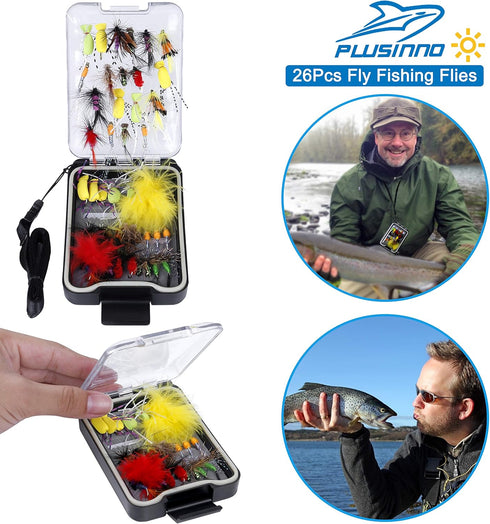 PLUSINNO Fly Fishing Flies Kit, 26/78Pcs Handmade Trout Bass Fishing Gear with Dry/Wet Flies, Streamers, Fly Box