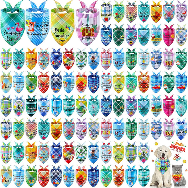 Sweetude 100 Pcs Summer Plaid Dog Bandana Bulk with Sayings Hawaii Bandana