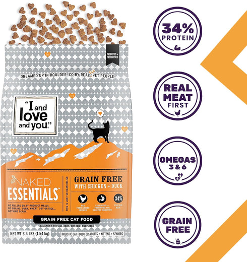 I and love and you Naked Essentials Dry Cat Food, Chicken + Duck, Grain Free, Real Meat, 3.4lb Bag