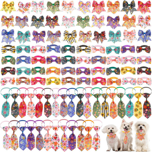 Reginary 100 Pieces Dog Bow Tie Collar Set, 40 Dog Neckties, 30 Puppy Bow Ties, 30 Collar Flowers for Small Medium Dogs