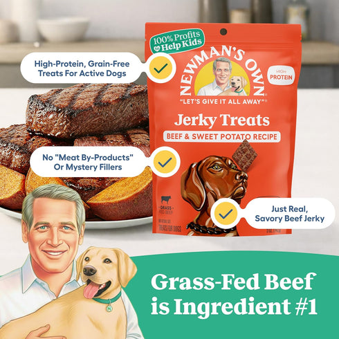 5 oz (Pack 6) Newman's Own Beef & Sweet Potato Jerky Dog Treats, Bag of High Protein, Grain Free, Grass-Fed as Beef