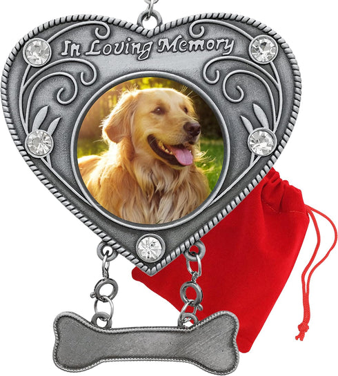 Dog Sympathy Photo Christmas Ornament, Heart Shaped, Holds 1 3/4" Photo, Gift-Storage Bag Included