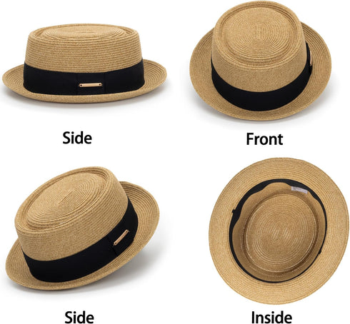 Women's 1920s Pork-Pie Sun Hat, Summer Straw Fedora Beach Hat with Band (M/L)