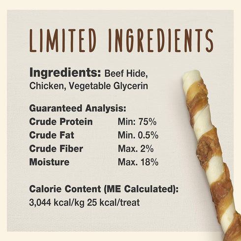 Cadet Gourmet Beef Hide Twist Chew Sticks, 6 Count, Long Lasting Natural Chew Treats, Chicken Flavor