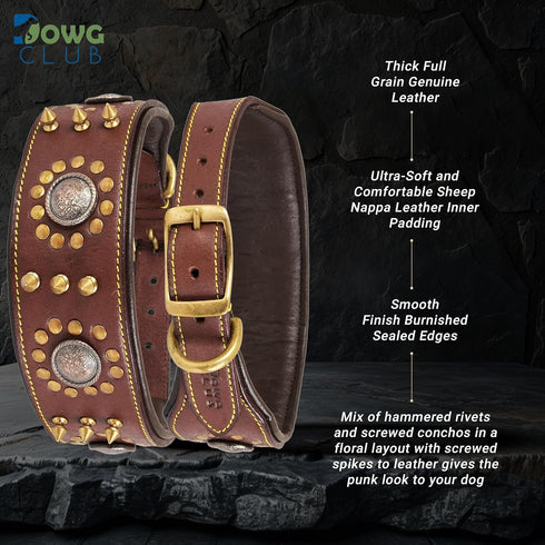 Punk Series Genuine Leather Dog Collar, Full Grain Heavy Duty for Medium, Large, XL Breeds (M, Neck Size 14.5"-18.5",