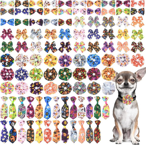 100pcs Halloween Dog Bow Ties Bulk Adjustable Neckties for Small Medium Dogs, 25 Set Pumpkin Patterns for Party Holiday