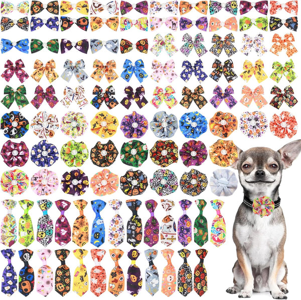 100pcs Halloween Dog Bow Ties Bulk Adjustable Neckties for Small Medium Dogs, 25 Set Pumpkin Patterns for Party Holiday