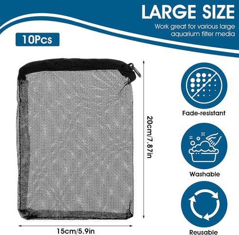 10Pcs Media Bags for Aquarium Fine Mesh Bag Aquarium Filter Media Bags with Plastic Zipper Suitable for Activated Carbon, Filter Stones, Ceramic Rings(Black)