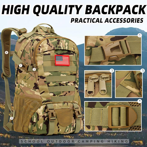 Tactical Military Backpack, Waterproof Black 30L Molle Backpack for Men with Flag Patch