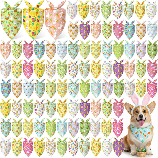 Abbylike 100 Pcs Easter Dog Bandanas Bulk Bunny Egg Carrot Bandanas for