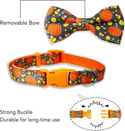 Halloween Dog Collar with Bow Tie, 2 Pack Holiday Pumpkin Ghost Collar for Boys and Girls Small Medium Large Pets