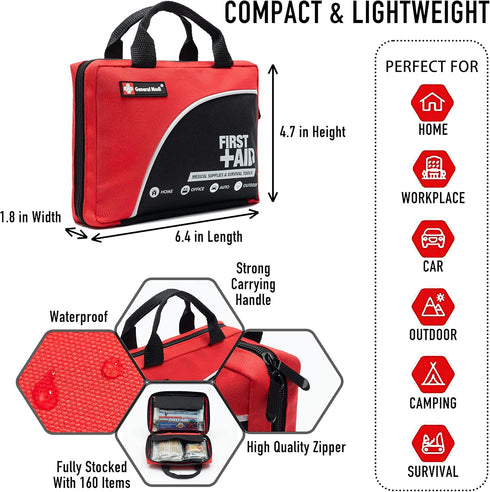 First Aid Kit - 160 Pieces Compact and Lightweight, Including Cold Pack, Emergency Blanket, Moleskin Pad for Travel,