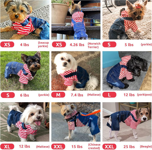 Small Dog Hoodie Clothes Cute Stripe Shirts Denim Jumpsuit One-Piece Outfit for Small Medium Dogs Cats Boy Girl
