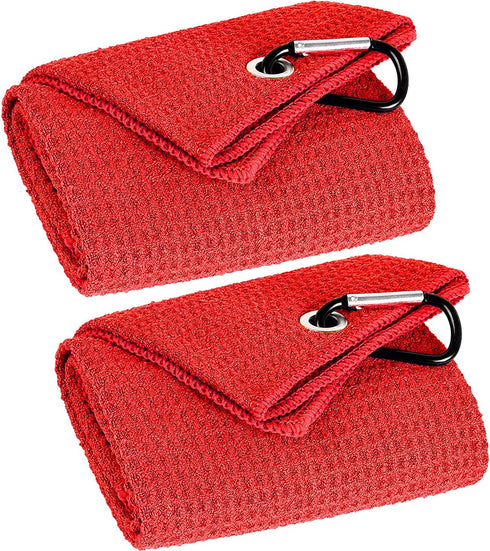 VIVIDLY 2 Pack Tri-fold Golf Towels, Premium Microfiber with Heavy Duty Carabiner Clip, Red