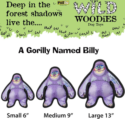 Durable Dog Toy with Squeaker | Tough Chew Toy, Wild Woodies - A Gorilly Named Billy Medium 9"