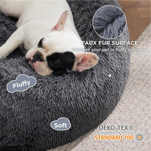 Bedsure Calming Dog Bed for Medium Dogs, 30 inches, Washable Round Fluffy Plush Faux Fur Cat Bed, Dark Grey