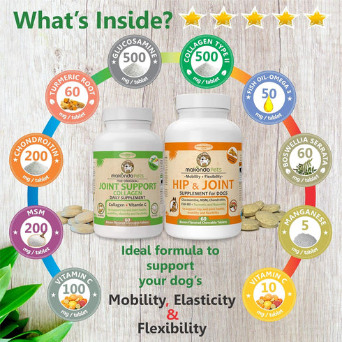 Hip and Joint Supplement for Dogs with Glucosamine, Chondroitin, Turmeric, Collagen, MSM - 120 Tabs