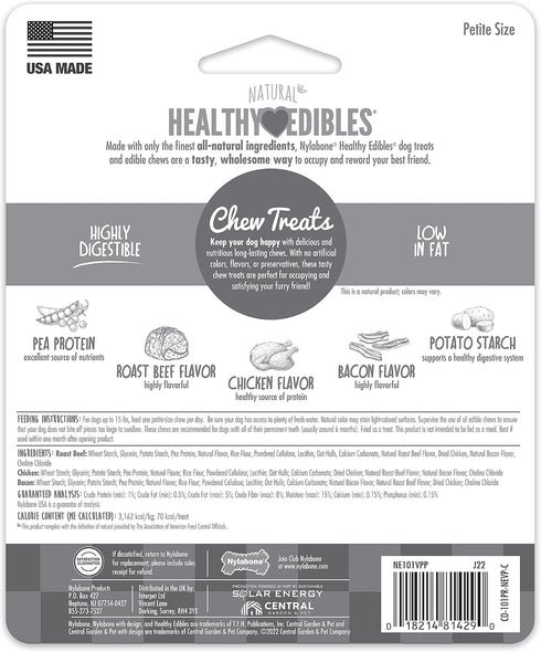 Nylabone Healthy Edibles Natural Dog Chews, Long Lasting Chew Treats, Roast Beef & Chicken Flavor, X-Small/Petite (3